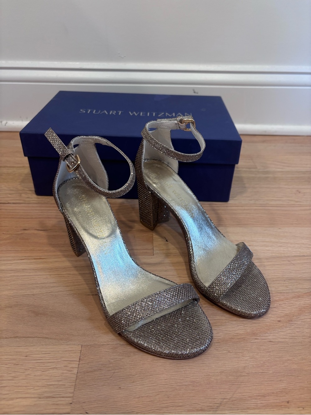 Stuart Weitzman glitter block-heel sandals size 5 in box